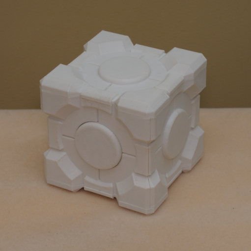 Closed box - click for larger image White 3D-printed replica of the Weighted Storage Cube from Portal