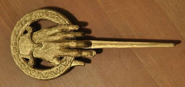 click for larger image Hand of the King pin 3D printed in PLA and painted gold