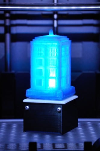 TARDIS lamp for (Re)Generation Who 2 - click to view full size image 3D printed TARDIS lamp turned on and resting on the printer plate