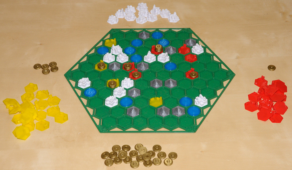 Game setup - click for larger image Board setup for Terra Inaequalis surrounded by game pieces
